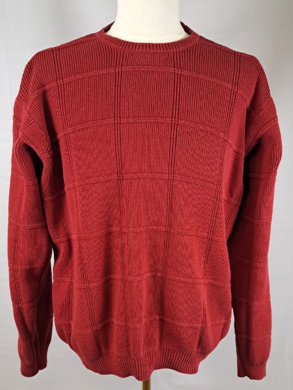 Arrow Red Cotton Crewneck Pullover Sweater Textured Grid Knit Cozy Academia L